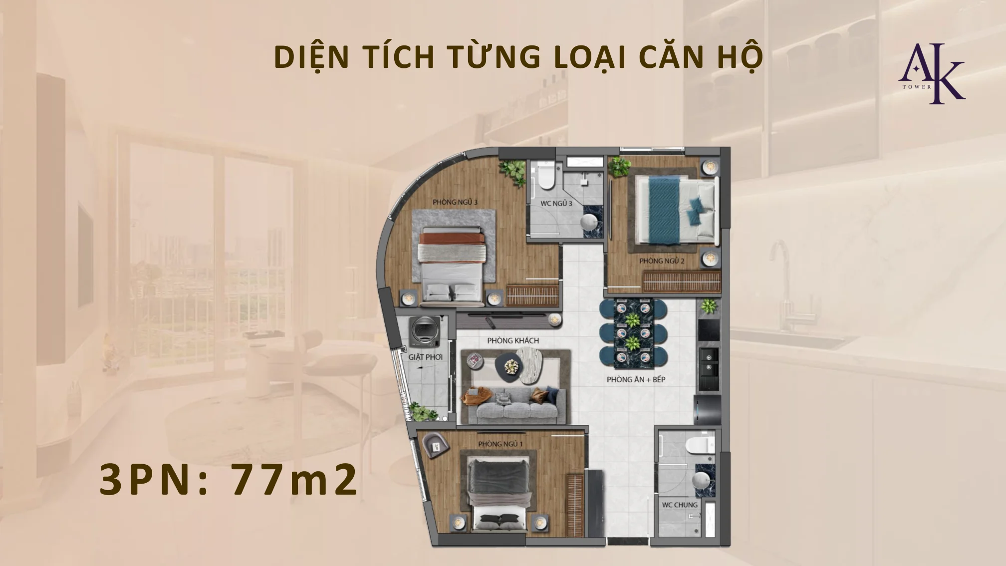 Mặt bằng tham khảo 3 phòng ngủ A&K Tower