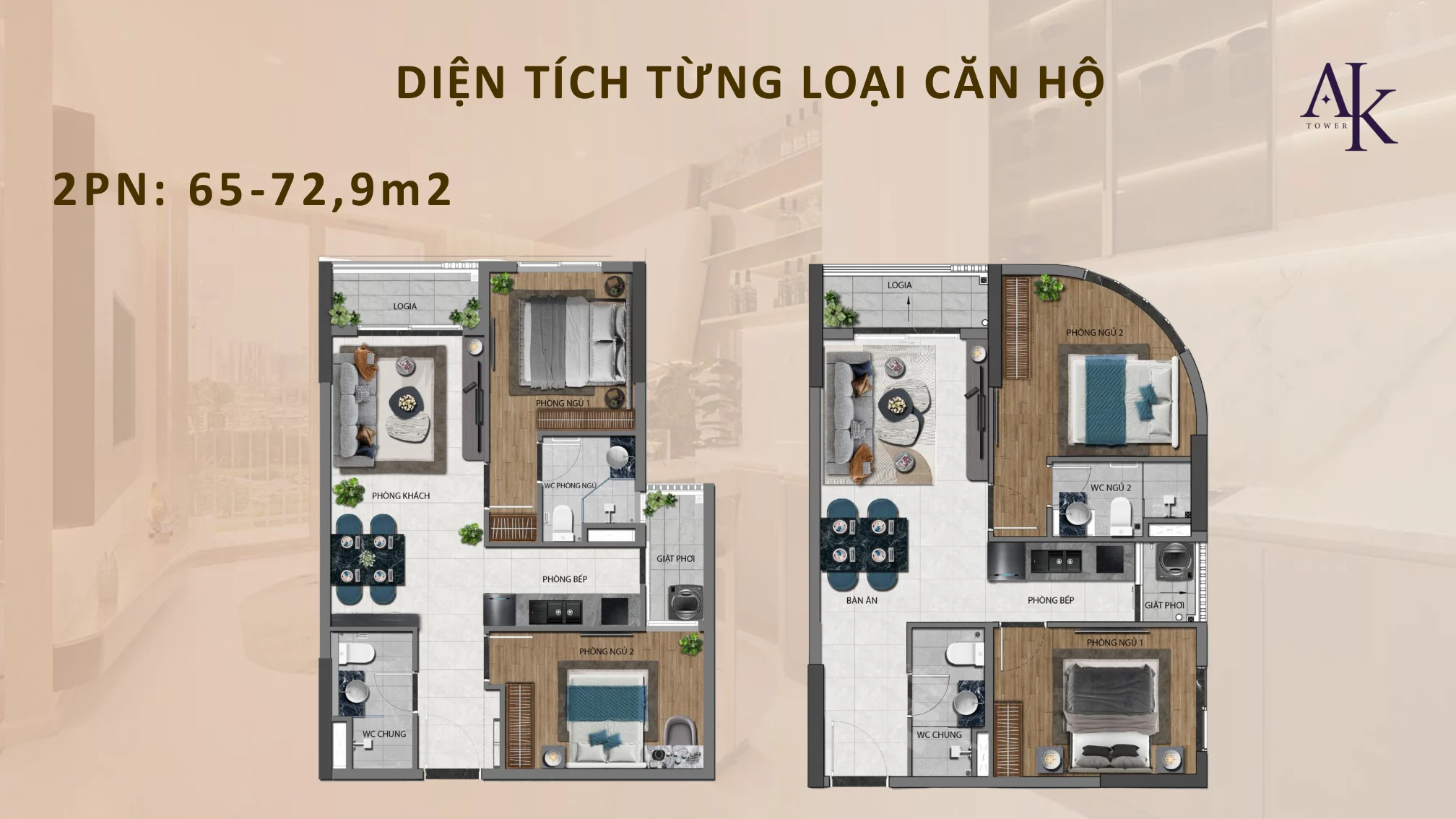 Mặt bằng tham khảo 2 phòng ngủ A&K Tower
